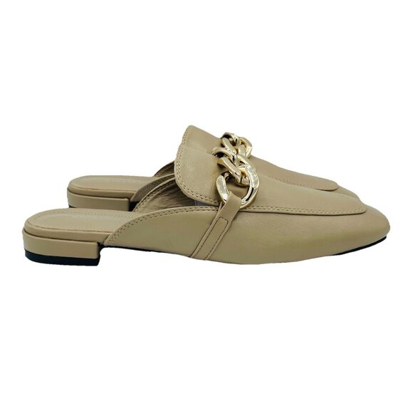 JiaLianNa Shoes Womens Size 7.5 Beige Brown Comfort Mules Heels Gold Chain Slip - Picture 3 of 10